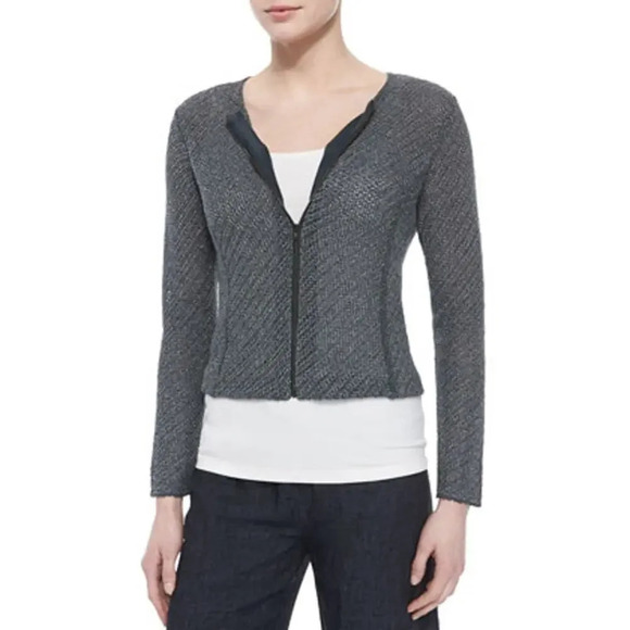 EILEEN FISHER Cropped Jacquard Zip-Front Jacket Cardigan Gray Size Medium - Picture 1 of 7